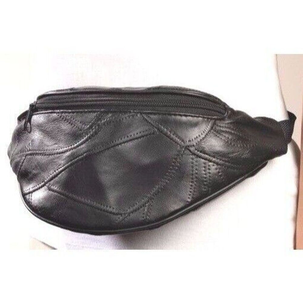 Waist Pouch Black Leather Patch Zippered Pockets for Wallet Phone Travel Gift